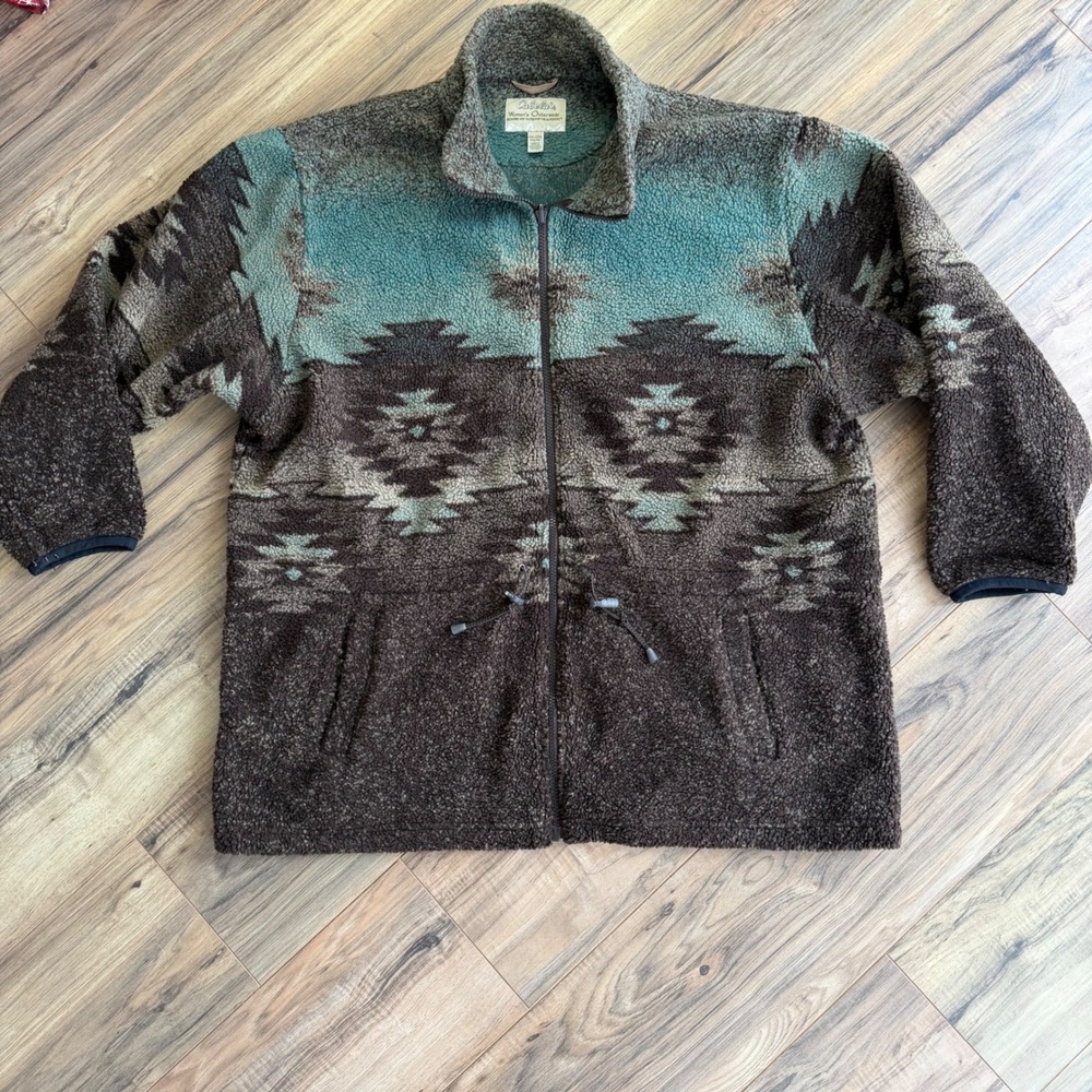 Aztec Southwestern Fleece Jacket Womens 2XL Sherpa Full Zip Brown Teal Cabelas